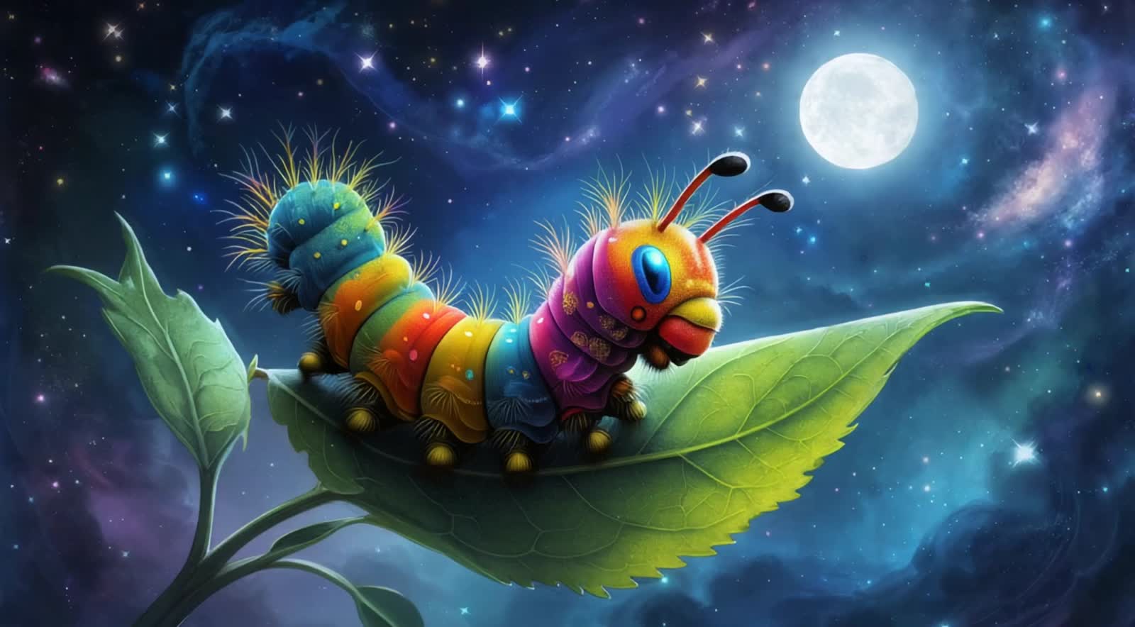 A caterpillar that transforms into a butterfly with iridescent crystal wings. The background is a mystical cosmic settin...