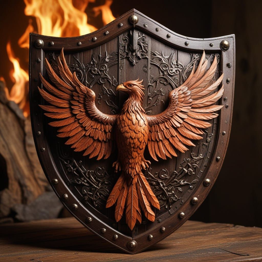 Viking-Inspired Battle-Worn Shield with Phoenix Emblem in Fa...