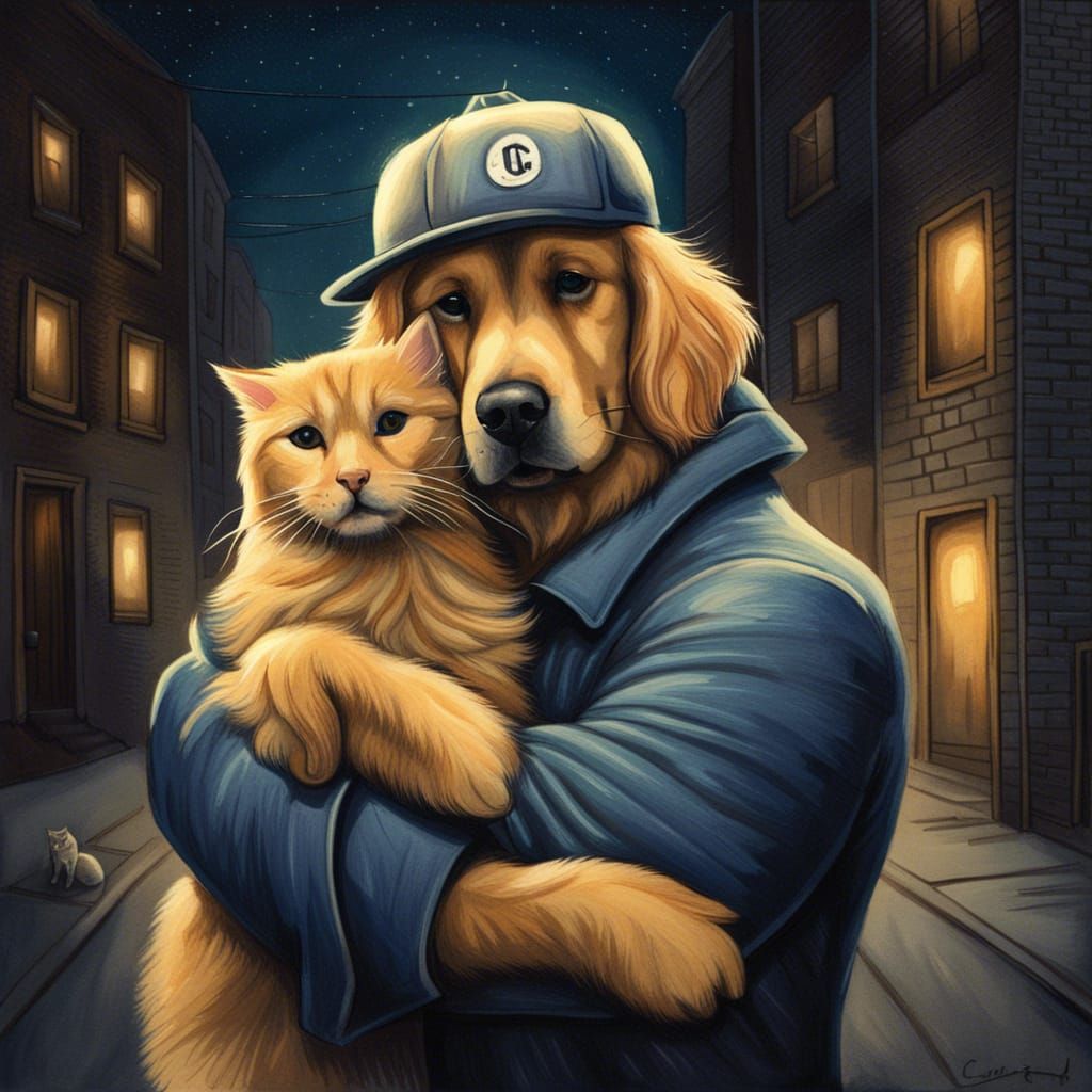 Dog hugging cat, cat embracing dog