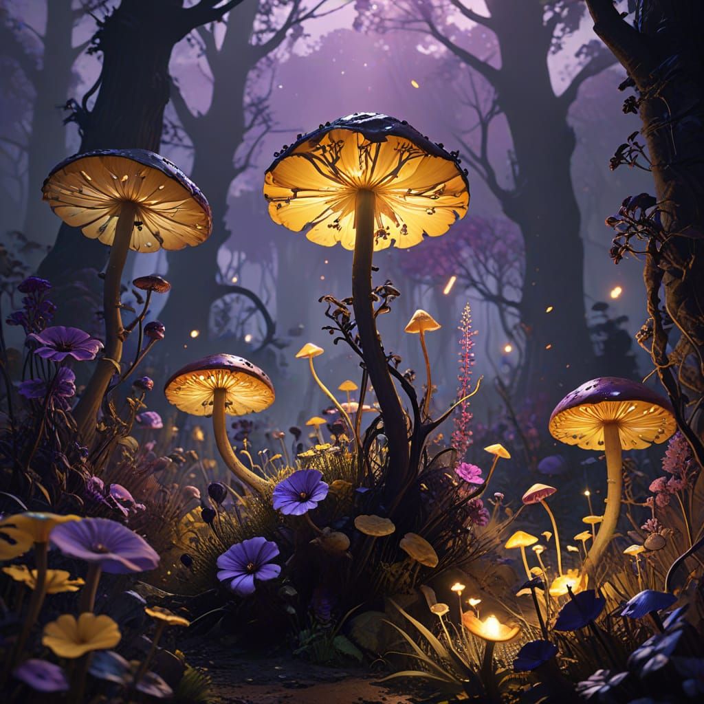 Dark Fantasy Garden with Glowing Mushrooms