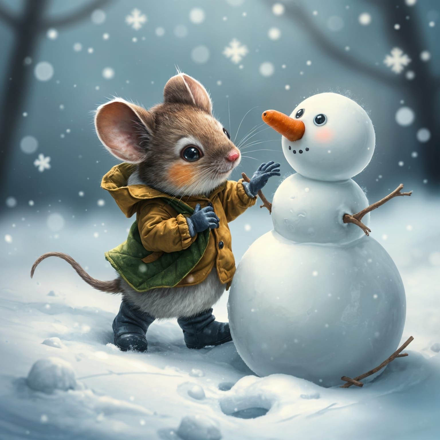 Super cute mouse building a snowman...