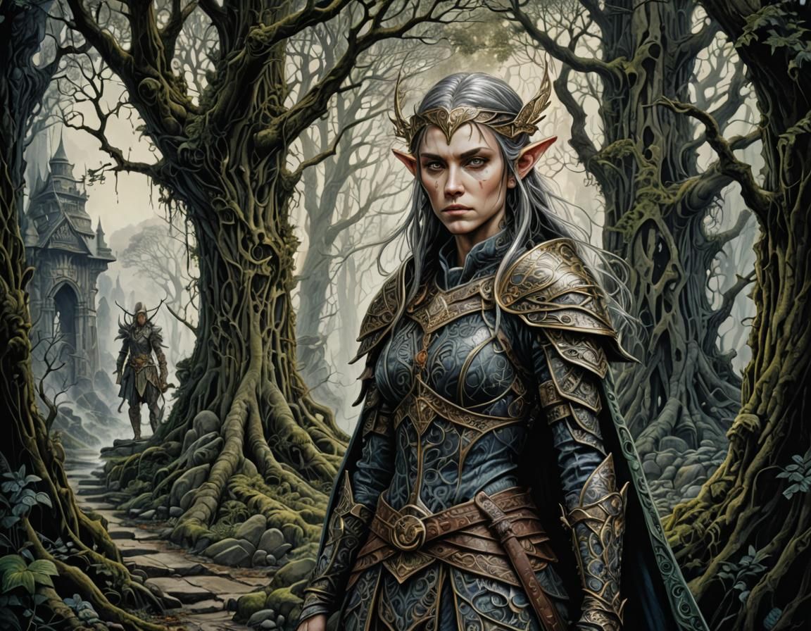 woven tapestry, intricate detail, female elf warrior stands ...