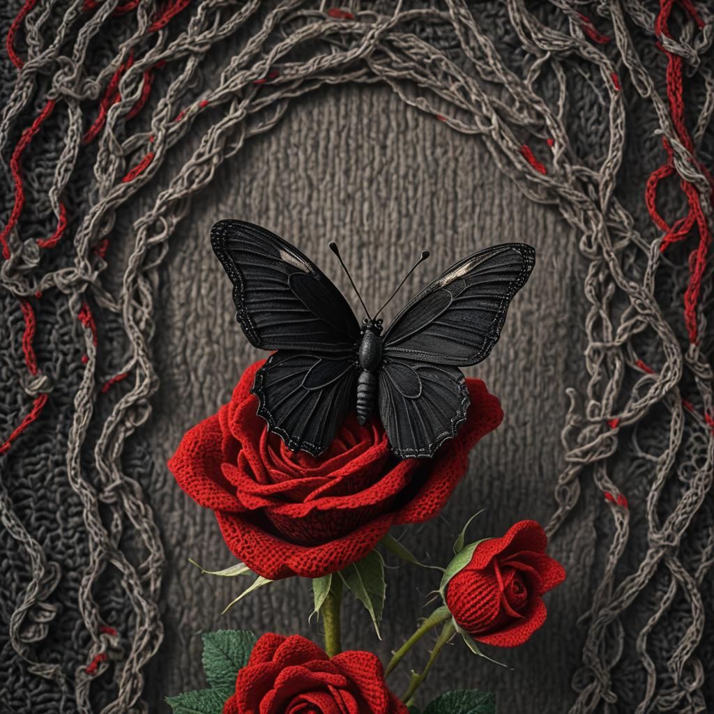 A knitted black butterfly on a red knitted rose   by @LJ