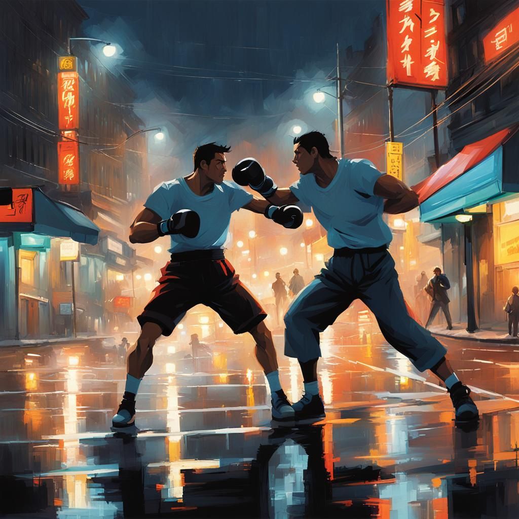 an image of two boxer fighting against each other on the str...
