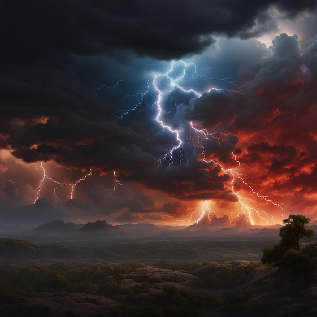 Dark foreboding majestic lightning behind clouds, reds golds...