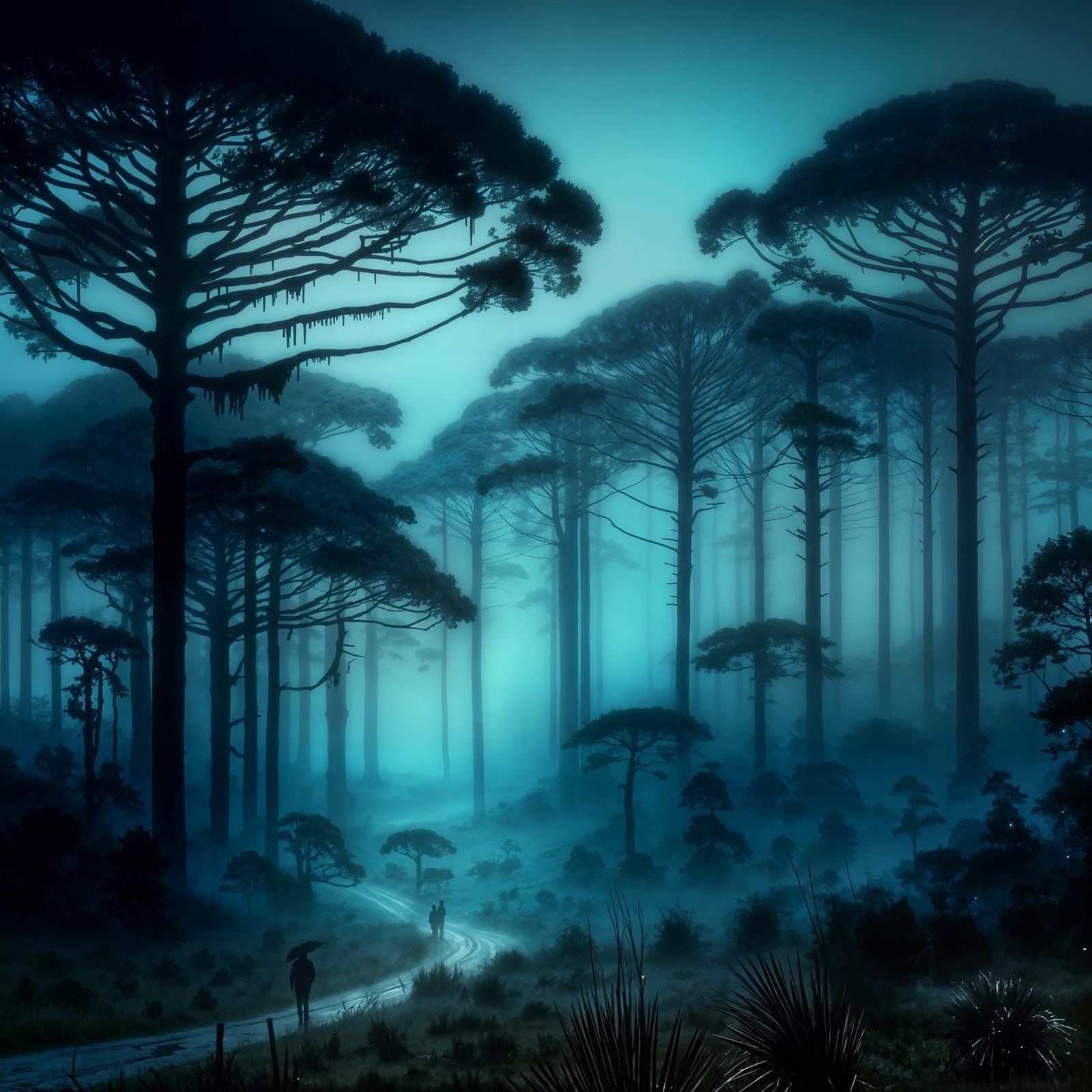 A dark, cold and rainy night with mist on the ground, featuring Paraná pines