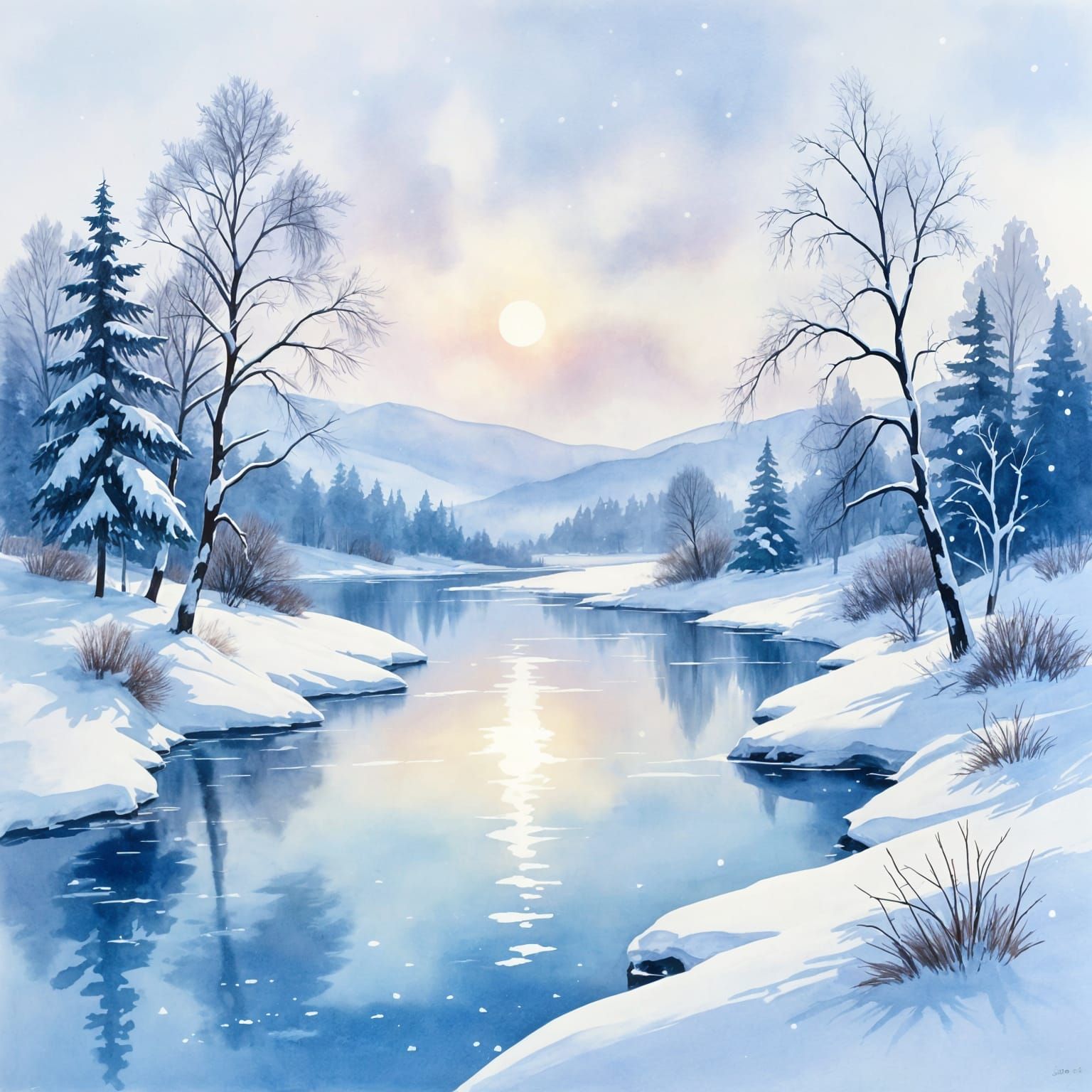 A soft watercolor painting of a serene winter landscape featuring a gently flowing river leading into ...  by @Ambassador of Light