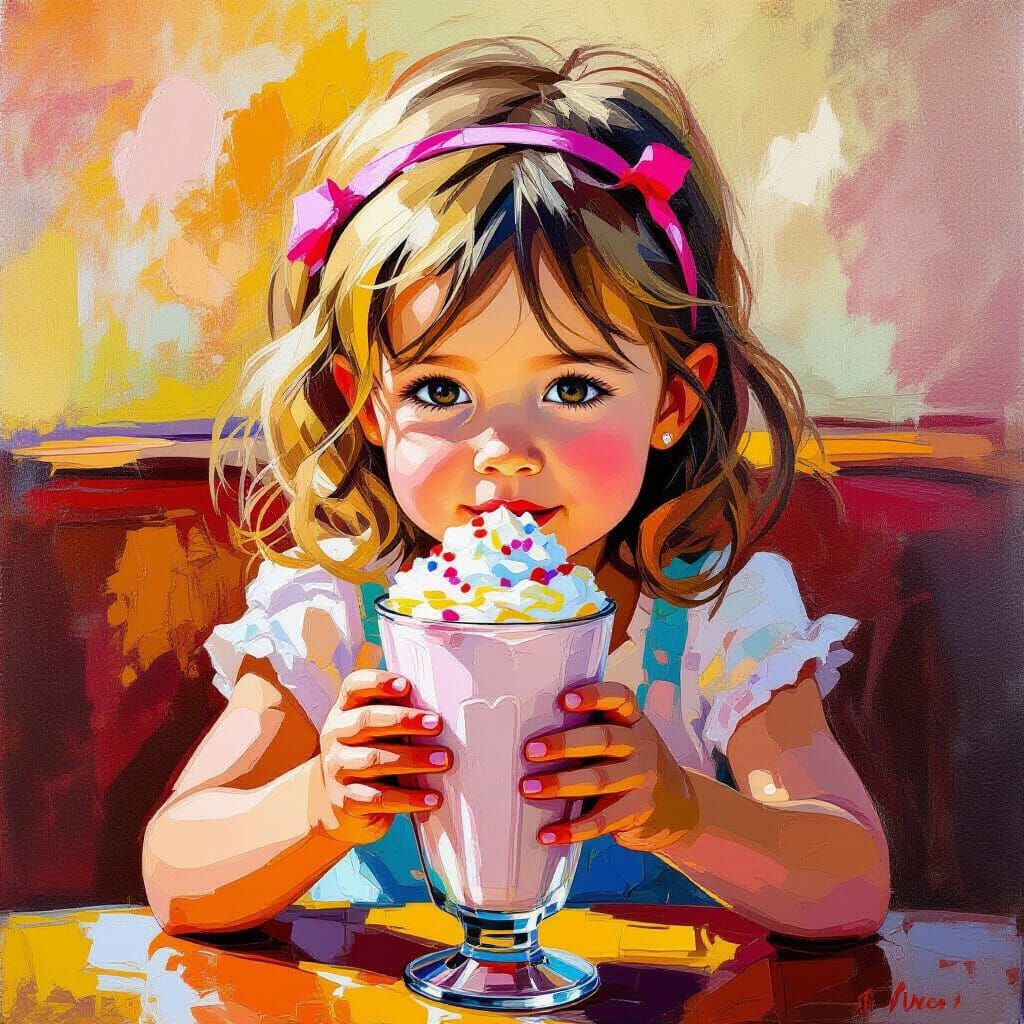 Girl Enjoys Chocolate Milkshake in Impasto Oil Painting Styl...