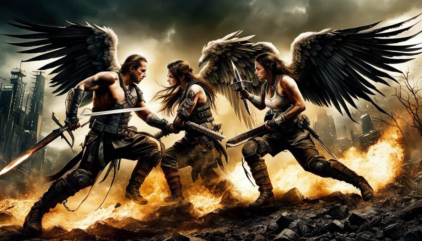 Angel Warriors with two wings tattoos piercings fighting in ...