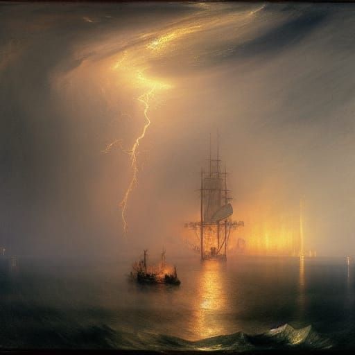 Thunderstorm at sea, galleon ship, lightening and thunder, e...