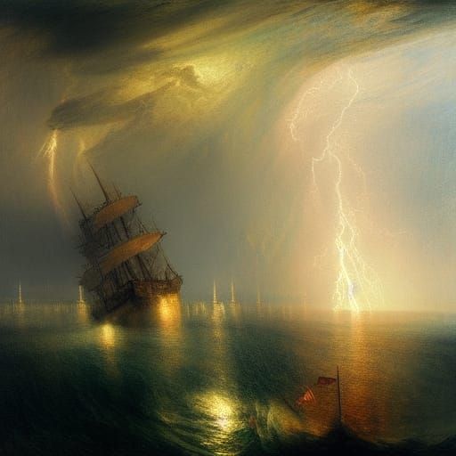 Thunderstorm at sea, galleon ship, lightening and thunder, e...