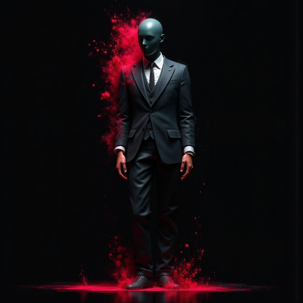 <lora:AffectaFlux:1.0> Pride, standing tall, featureless character made of glass and oil paint, splashes of crimson paint and color dust aro...