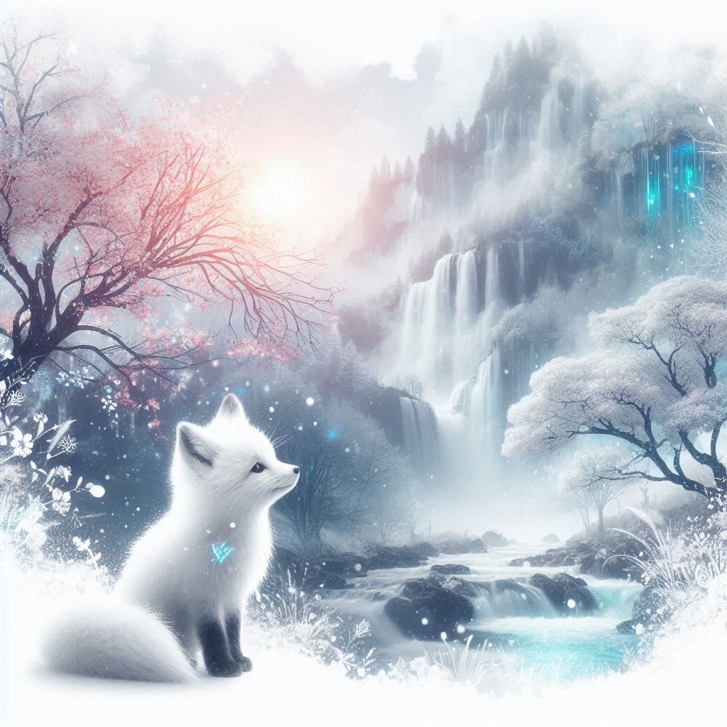 Cute snow fox dreaming about spring