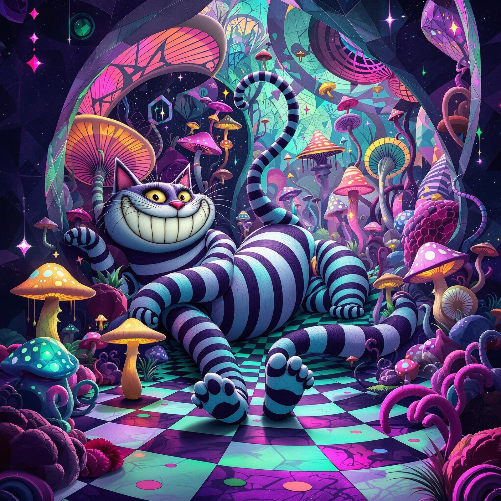 Vibrant, macro-level psychedelic surrealist scene of brightl...