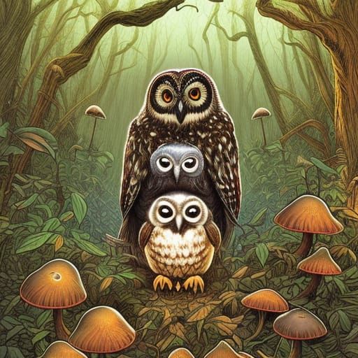 owls in mushroom forest