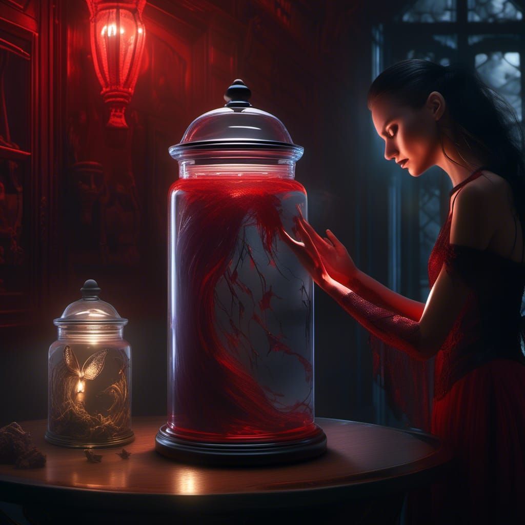 Beautiful Dark Fairy Trapped In Glass Jar Tight Red Dress Illuminated In A Magic Haze Dark