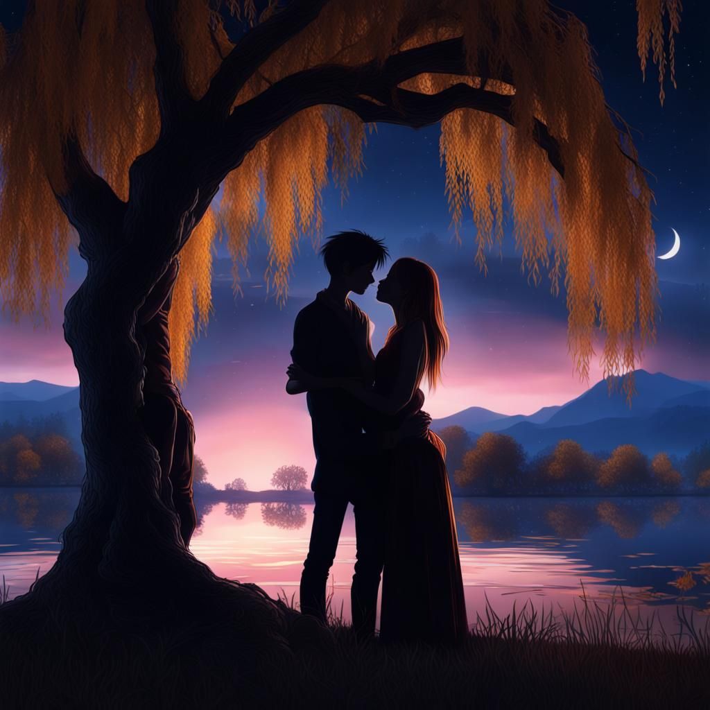 Moonlit Kiss Under Willow Tree: Fantasy Concept Art