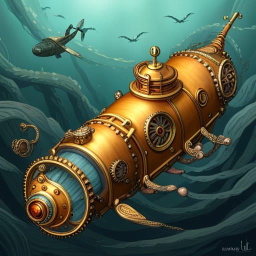 Golden steampunk submarine - AI Generated Artwork - NightCafe Creator