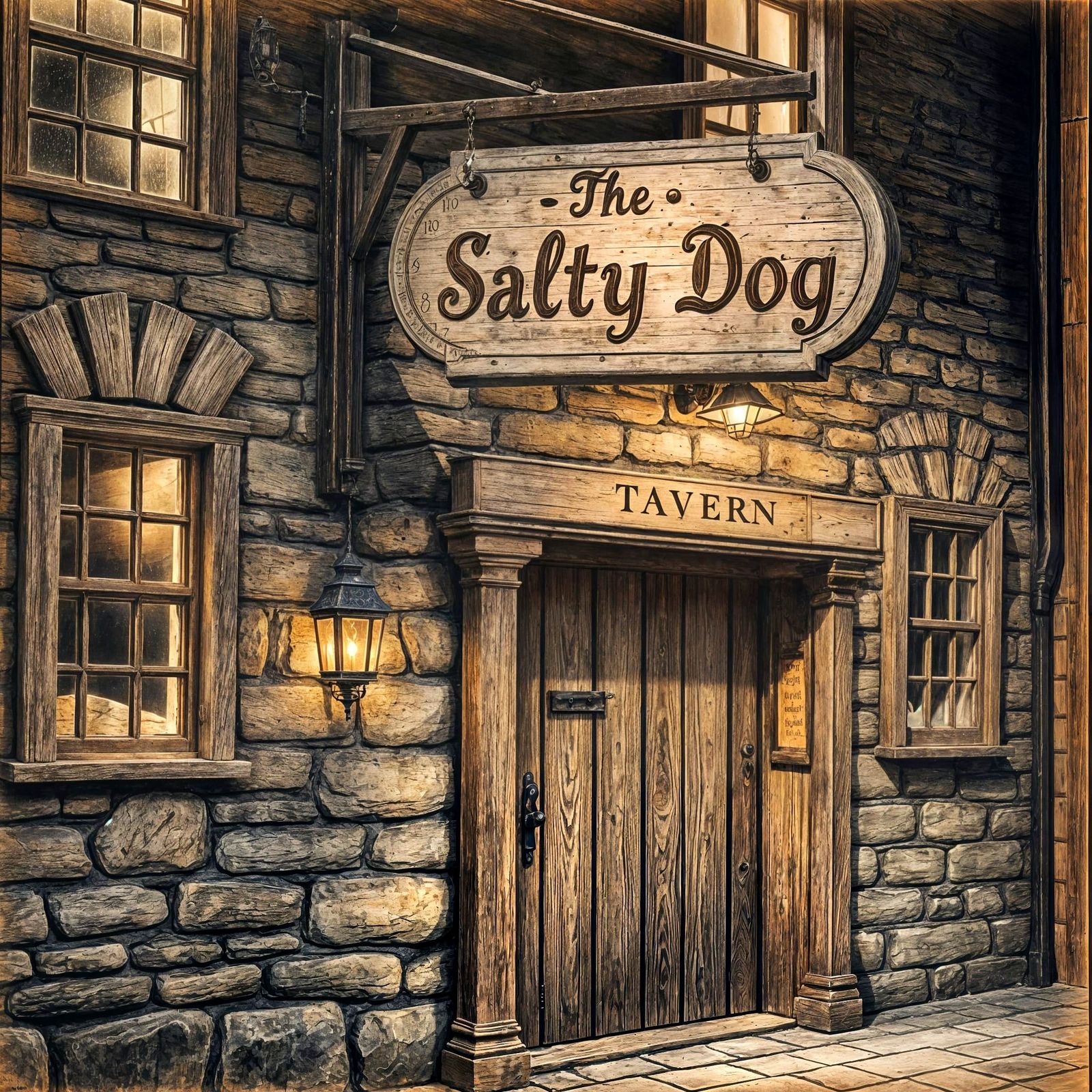 A highly detailed, intricate color pencil sketch portraying an antiquated stone tavern at night. The ...  by @Dantonio