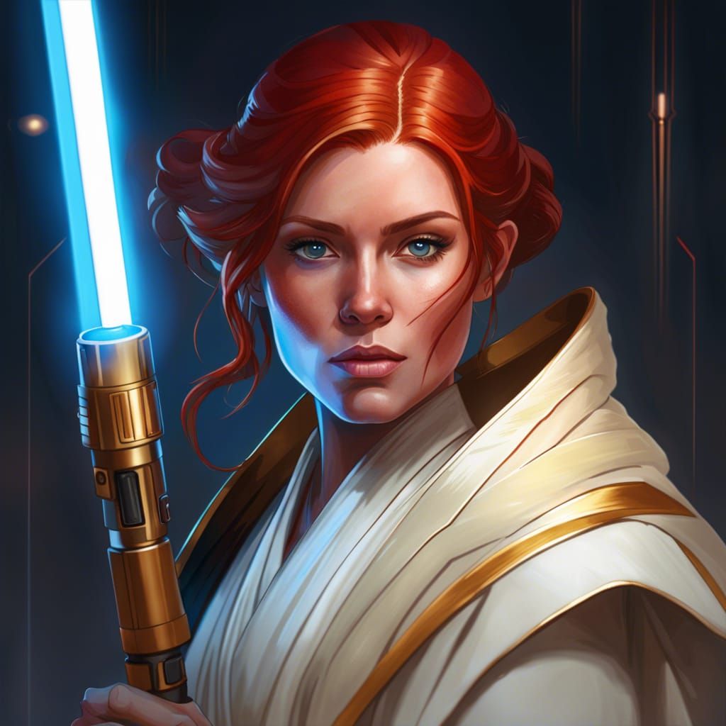 A Women With Red Hair Wearing White And Gold High Republic Jedi Robes 