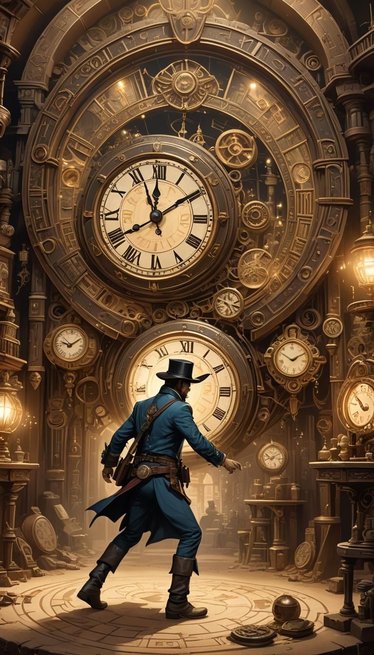 Close-up of a man stepping into a clock-shaped fort with int...
