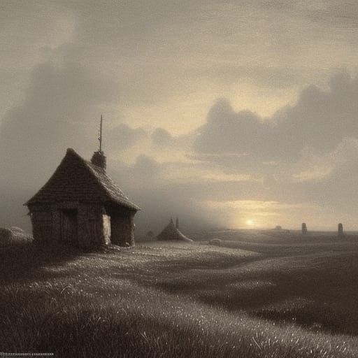 Old wooden fence on a meadow at clear dawn, small stone hut ...