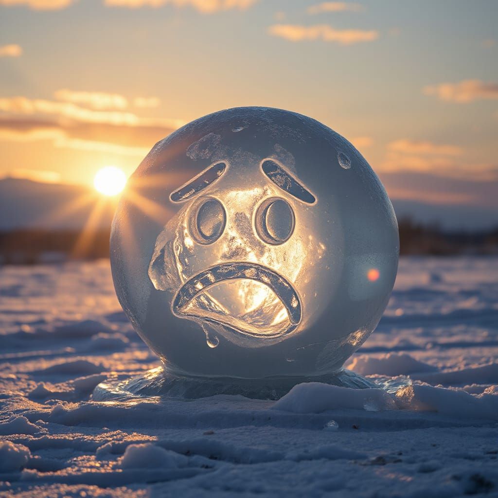 Melting Emoji Ice Sculpture in Dramatic Sunlight