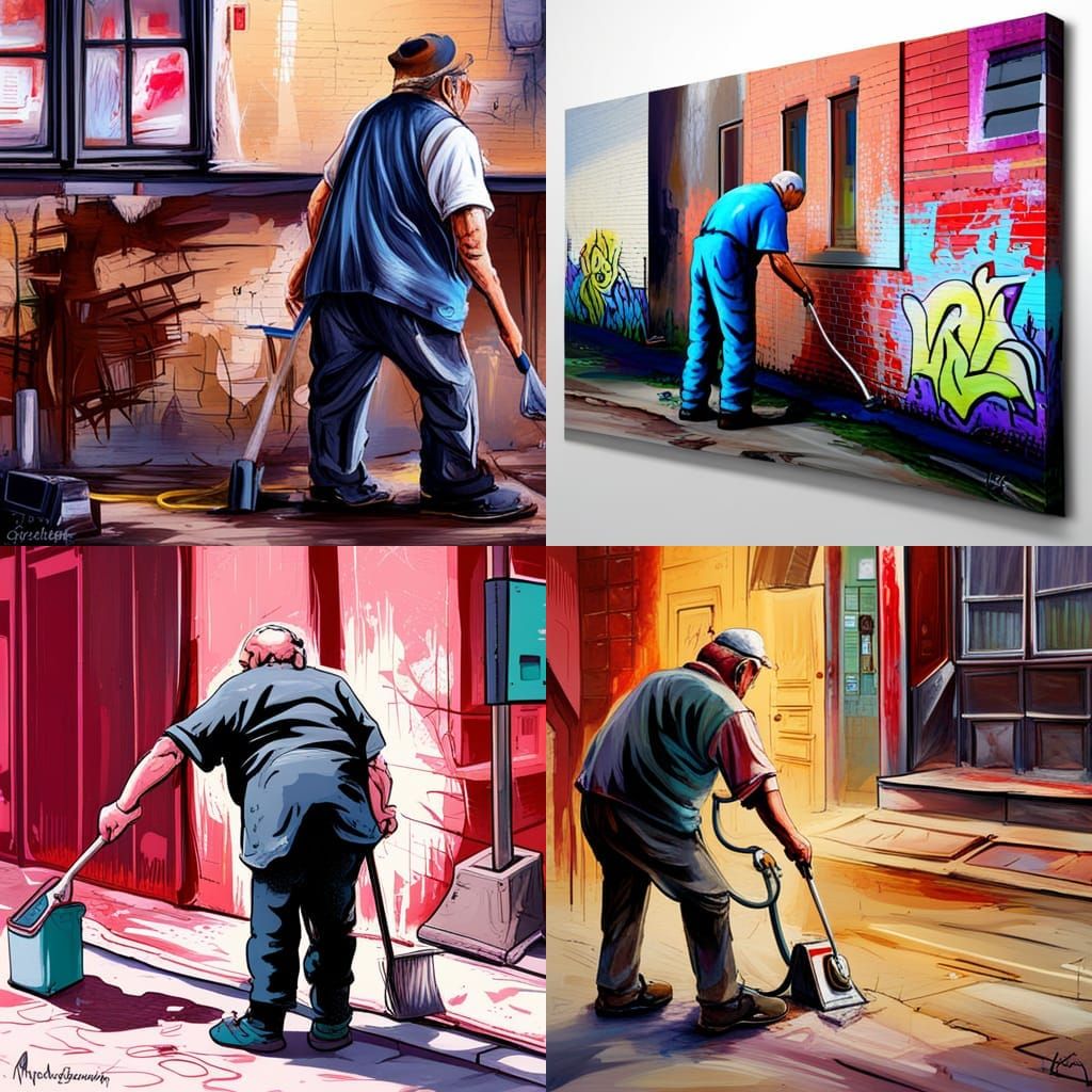Old man cleaning house graffiti art, splash art, street art,...