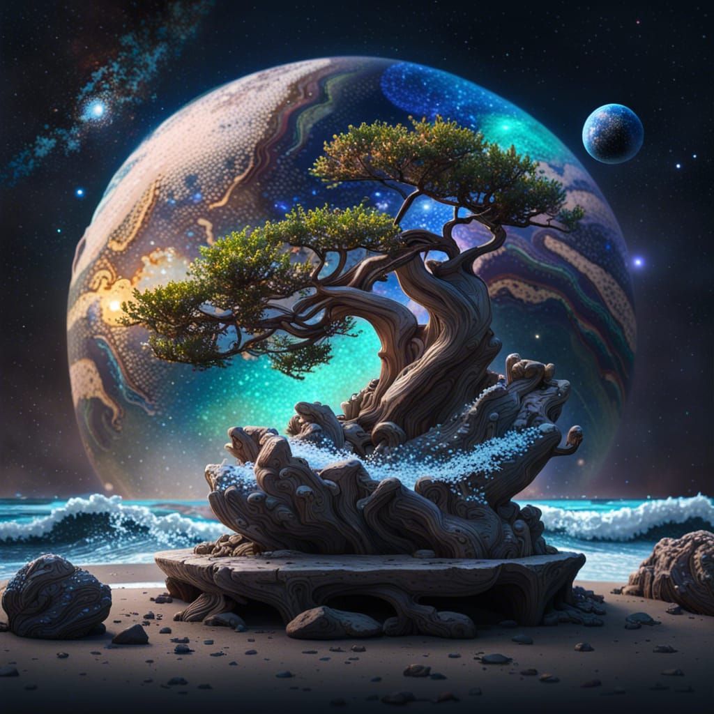 hyperdetailed photorealistic cozy dilapidated bonsai, rocky seashore, waves, milky way and planets in ...  by @VS