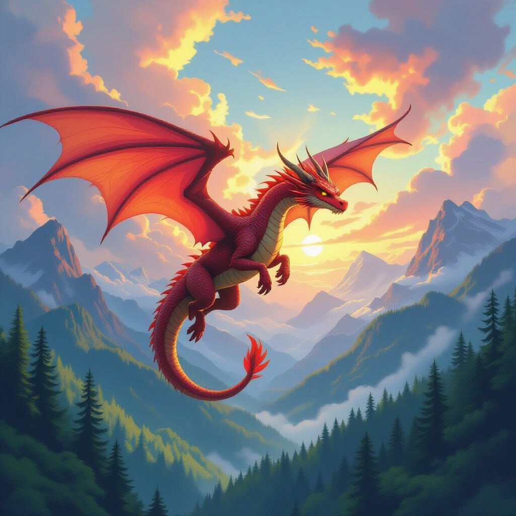 Vibrant Dragon Soaring Through Colorful Sky