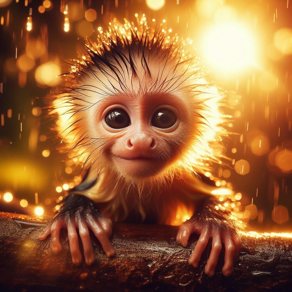Smiling Monkey in the rain