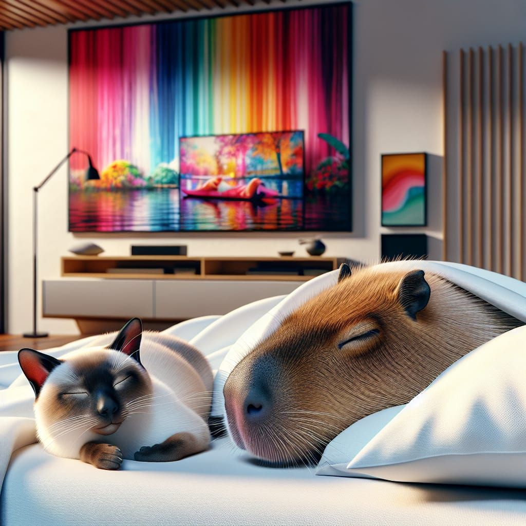 The capybara sleeps on a white bed and a Siamese cat sleeps next to her, there is a TV hanging on the wall in the room to the left. 8k brigh...