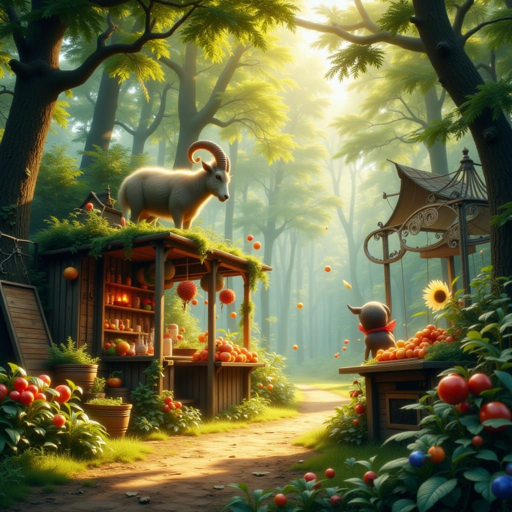 Fantasy art. Oil painting. A charming farmstand nestled in an enchanted forest clearing, run by a friendly ram. The stand is laden with magi...