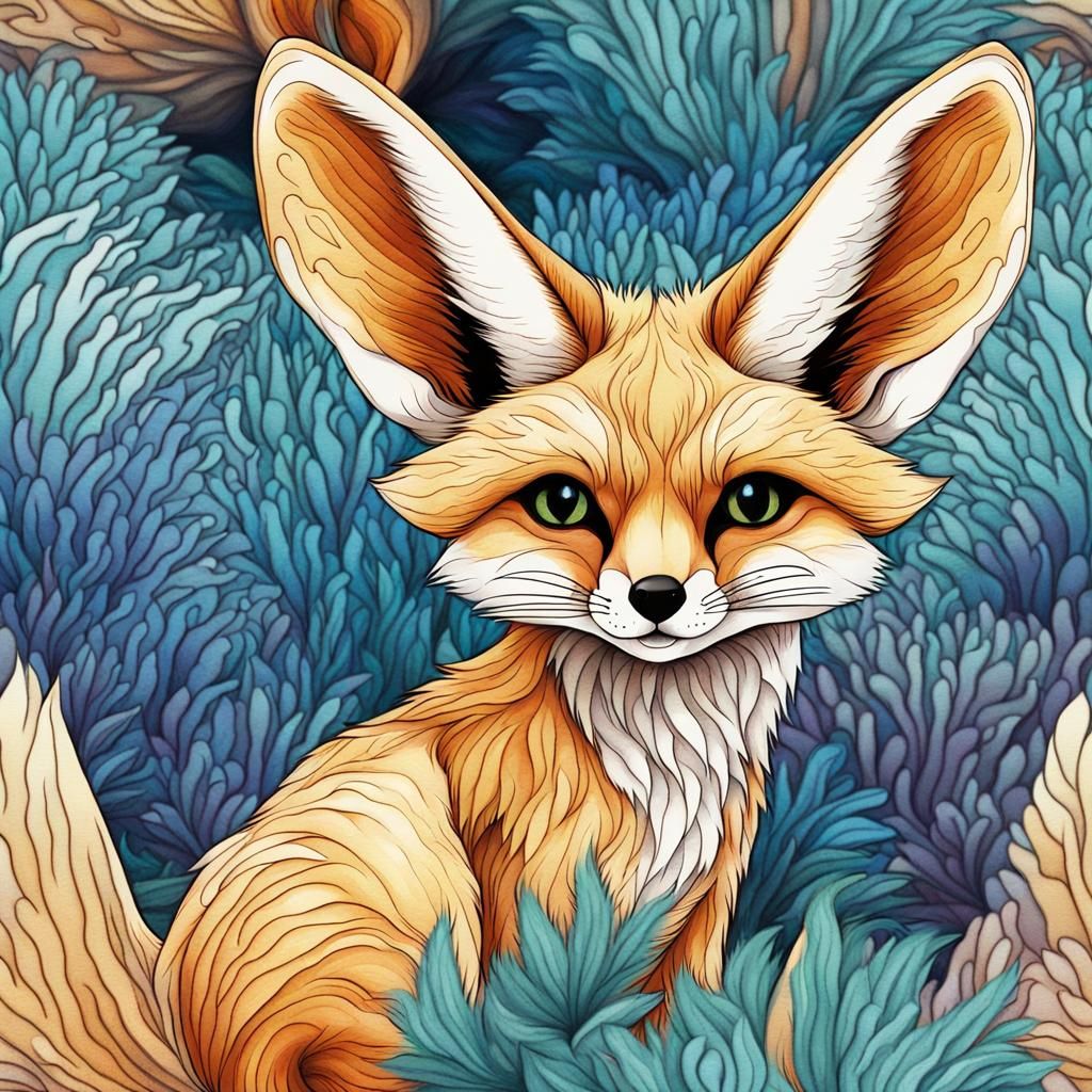 Water color Fennec Fox playing in the forest