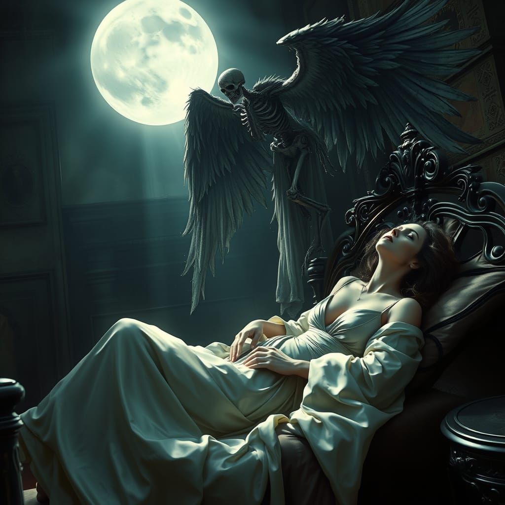 The Angel of Death hovers ominously above a beautiful, woman who sleeps somberly in an elegant, ornate ...  by @Tomazi