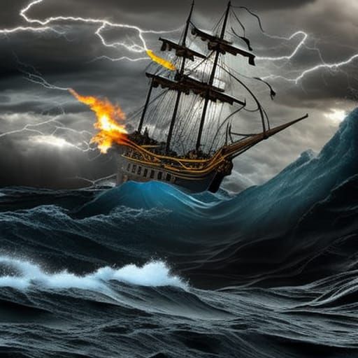 Pirate ship in the stormy sea
