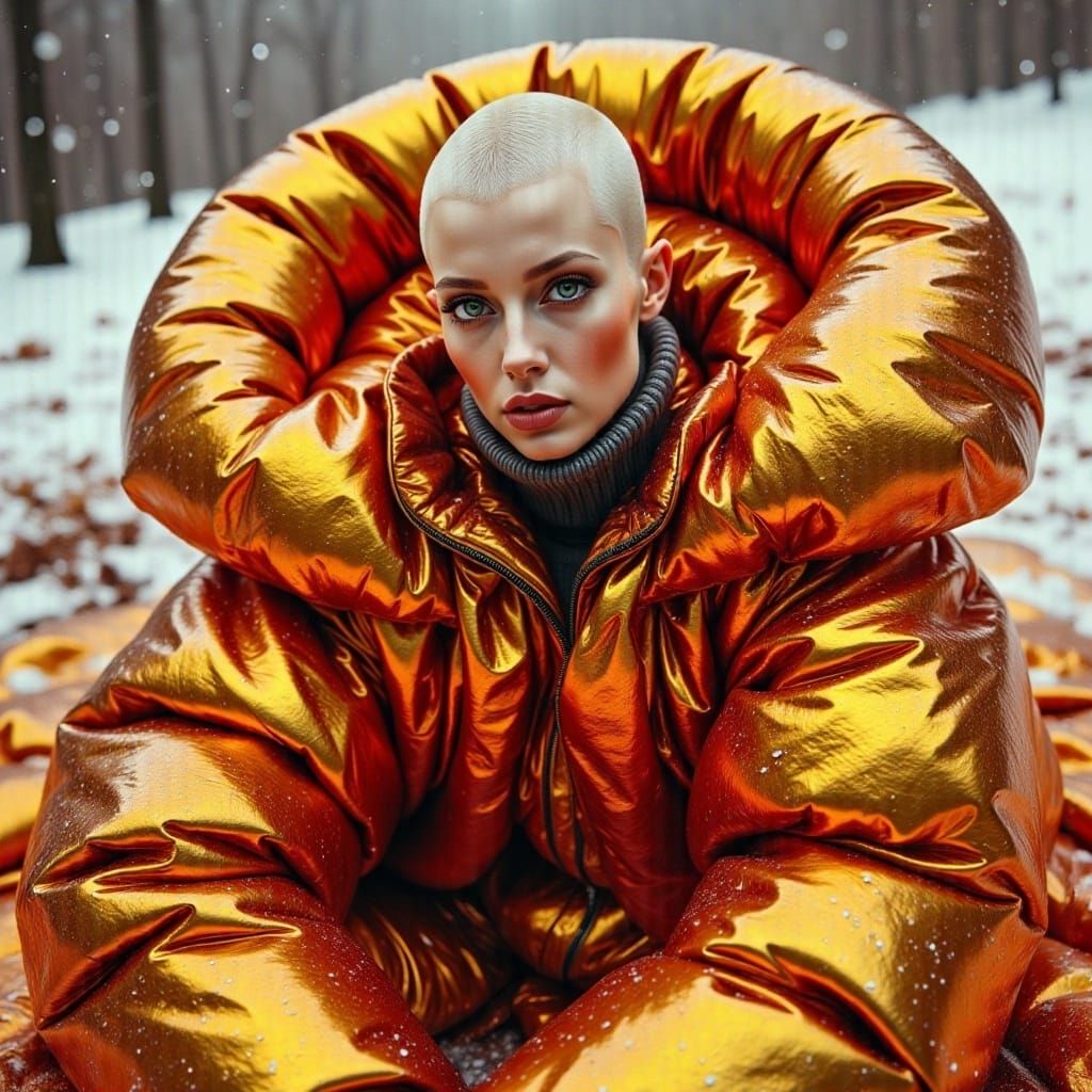 <lora:Metallica:1.0>surreal creature close-up portrait with a female face, bald wearing a metallic oversized coat in different tones like or...