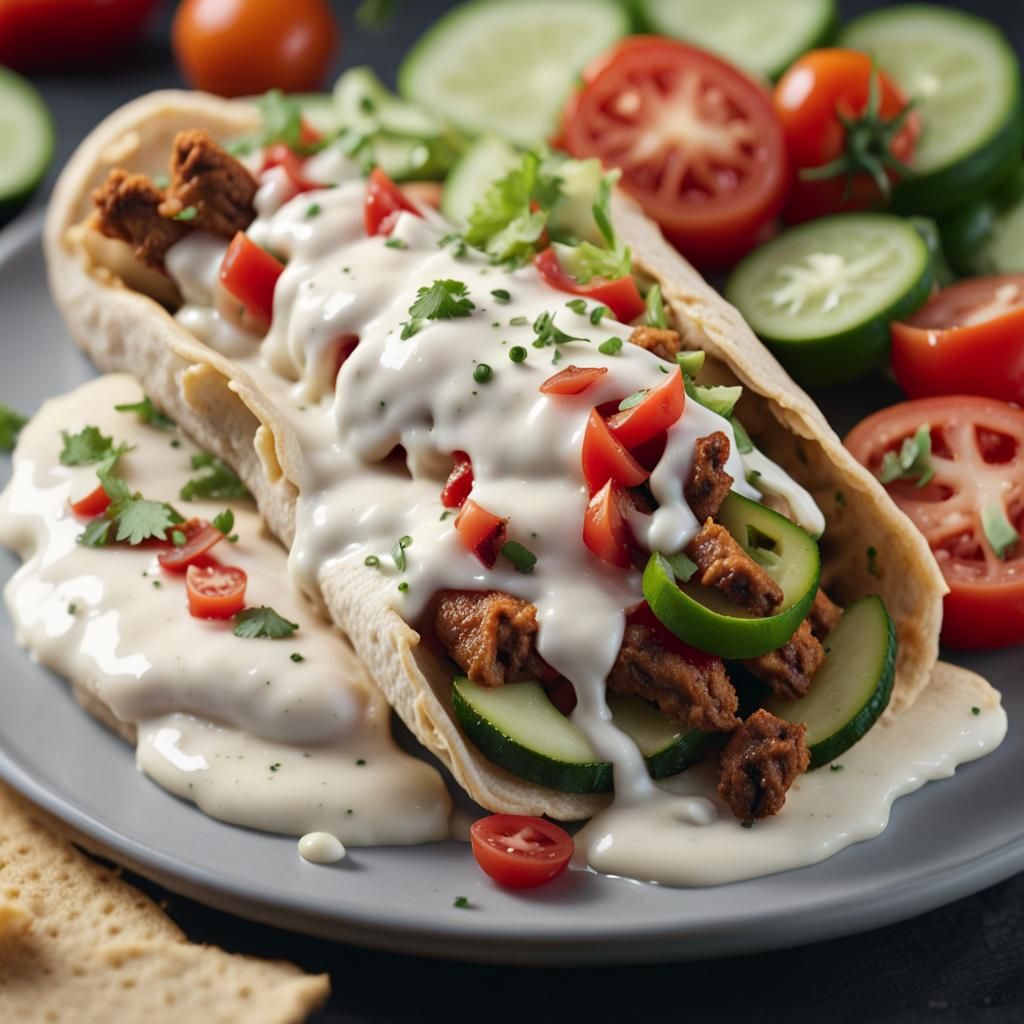 A Mexican-style shawarma dish served in ultra-high definition details (4K). Drizzle this mouthwatering ...  by @Carrie David Parr 