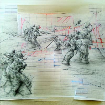 Modern pencil sketch on lined paper, battle choreography