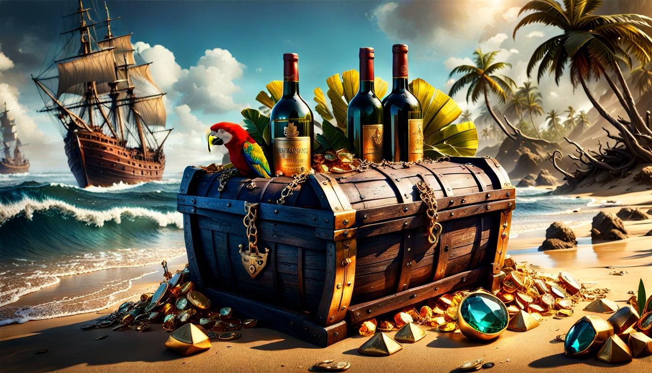 Treasure chests full of gold bullions and exotic gems, wine and a parrot have washed ashore.  by @Pauly G
