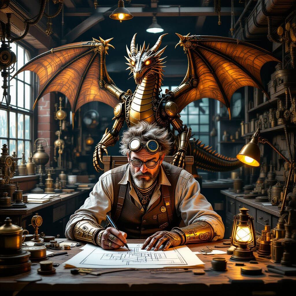 A cluttered Victorian steampunk workshop filled with gears, pipes, brass instruments, and half-finished mechanical devices. In the center, a...
