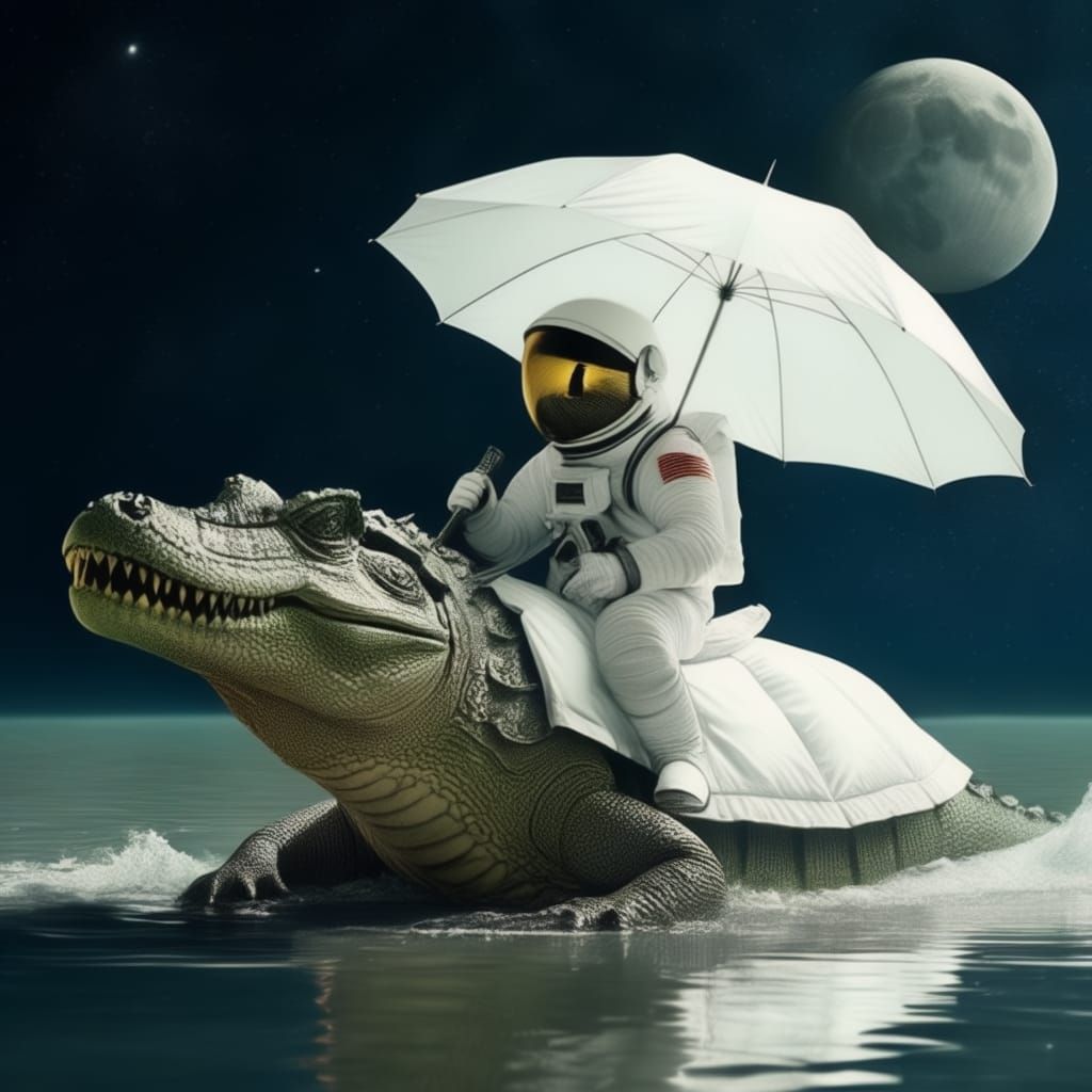 astronaut man, riding a crocodile
