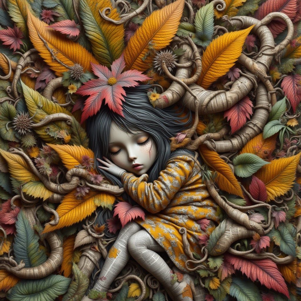 <lora:kak-karnivora:1.0> Wild huge lush Autumn plant, impressive whimsy girl sleeping inside, mixed media