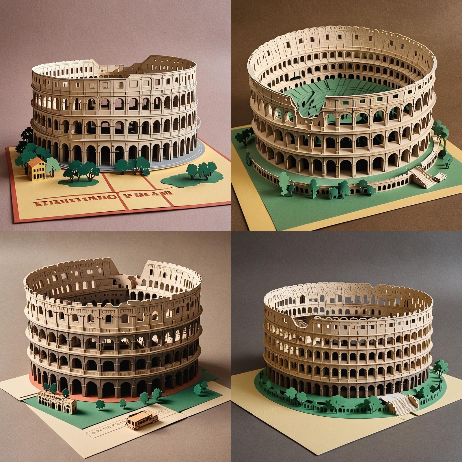 A colorful kirigami popup post card of the roman colosseum i...