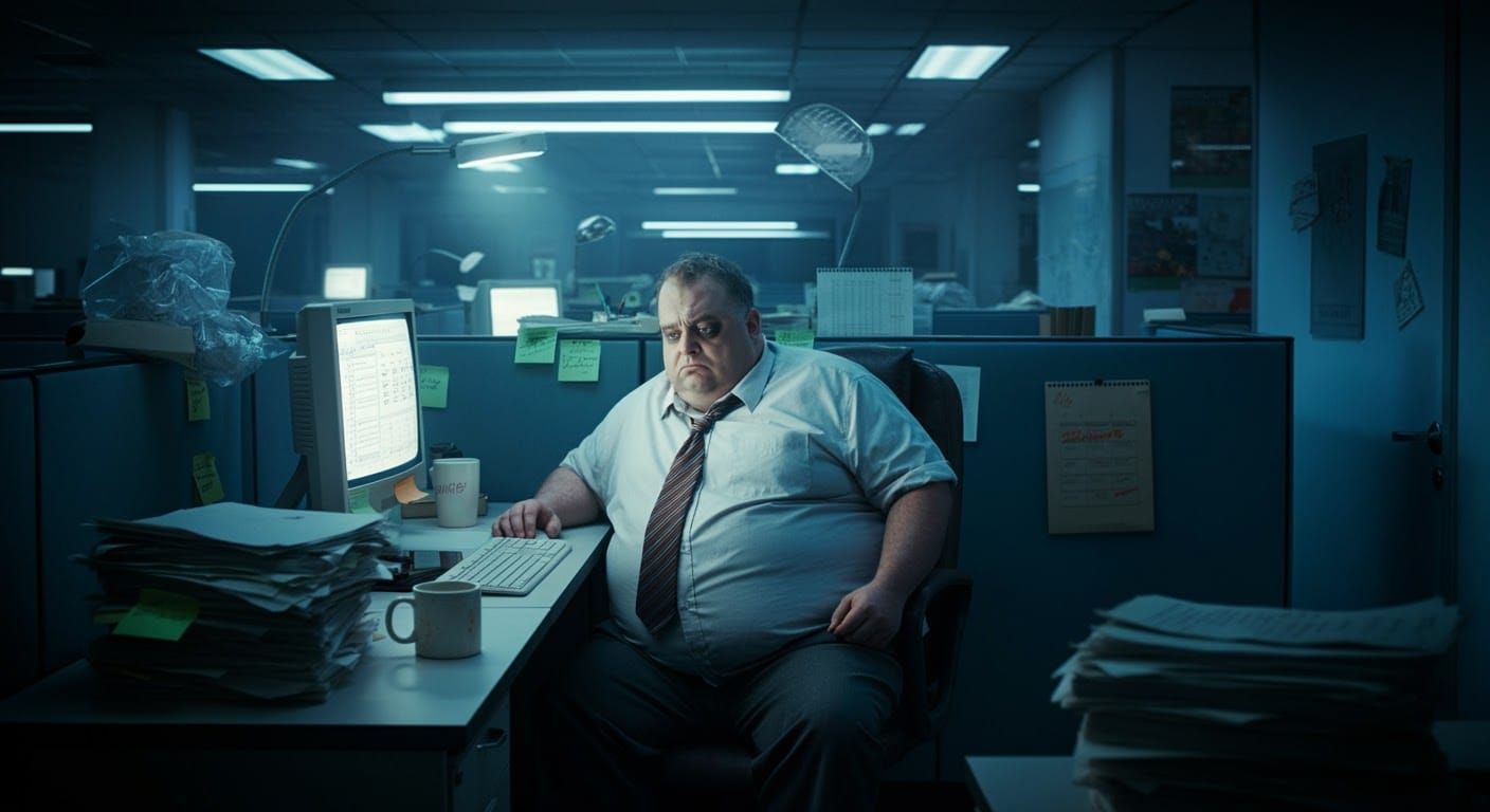 A wide-angle, high-definition shot of a dimly lit, cluttered office cubicle. In the center, a middle-aged man with a large build slumps in h...