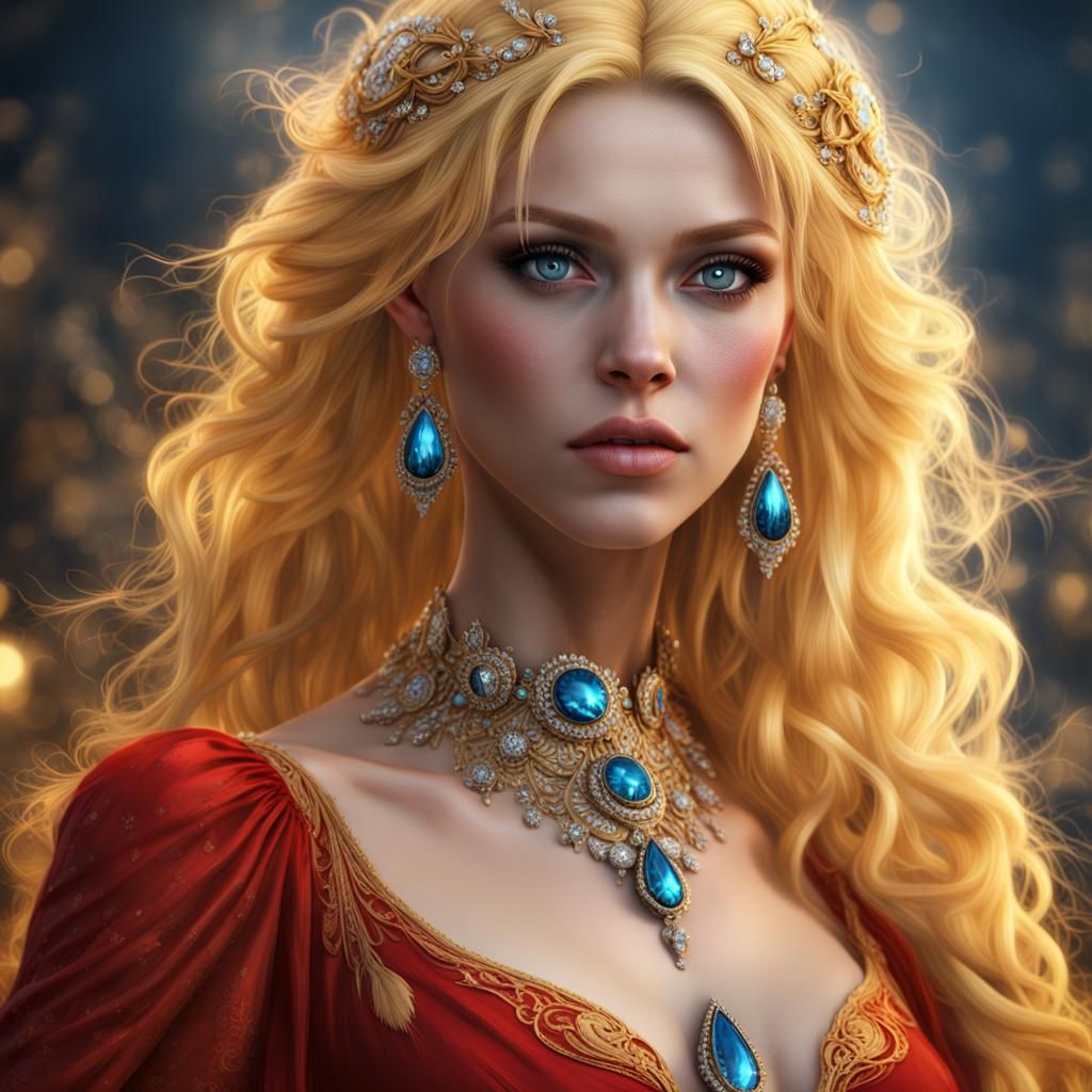 Girl with blue eyes, yellow hair, red dress and diamond jewelry. - AI ...