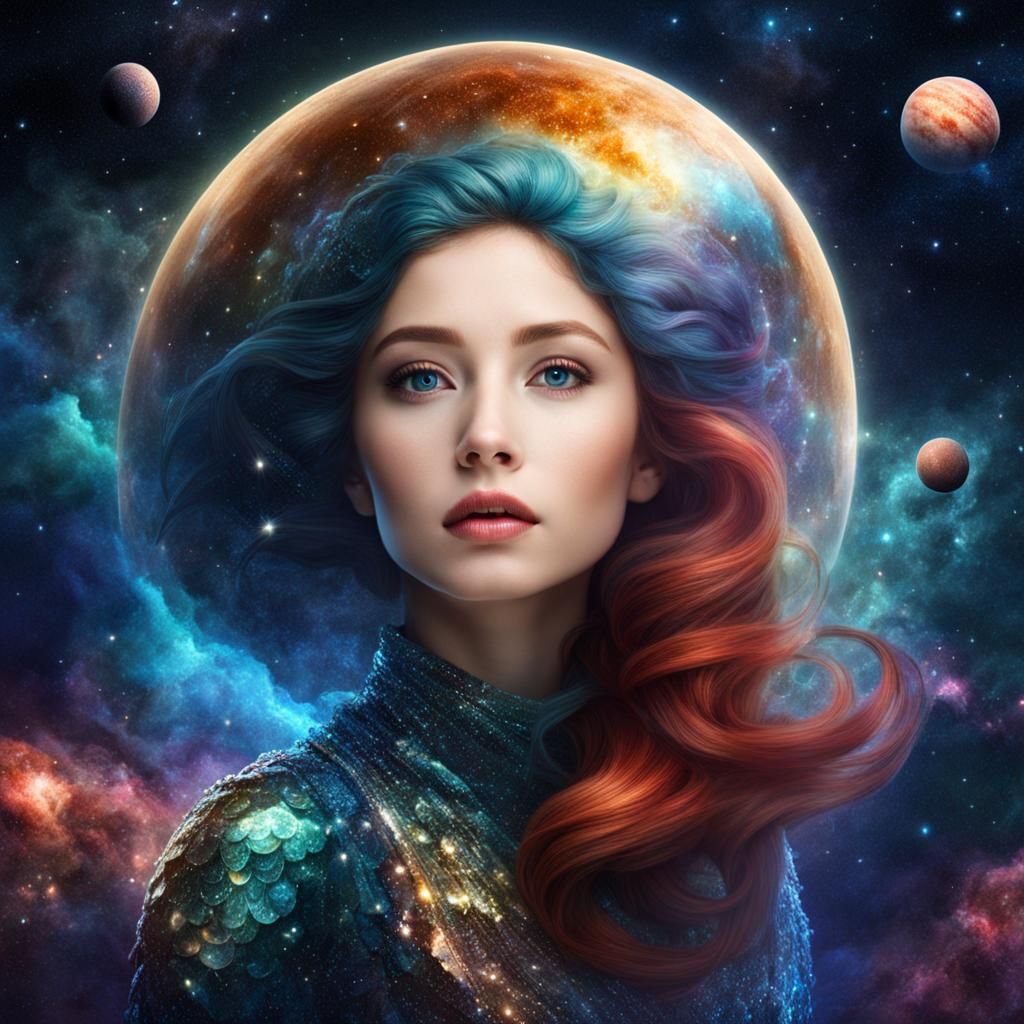 Mermaid Among the Stars in Dreamlike Space Scene