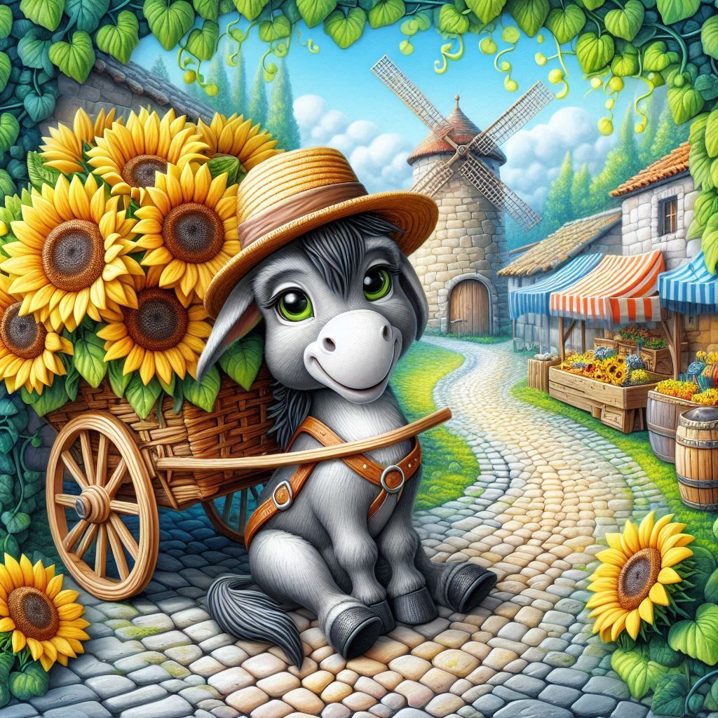 Ferdinand der kleine Esel auf dem Weg zum Blumenmarkt in Hol...