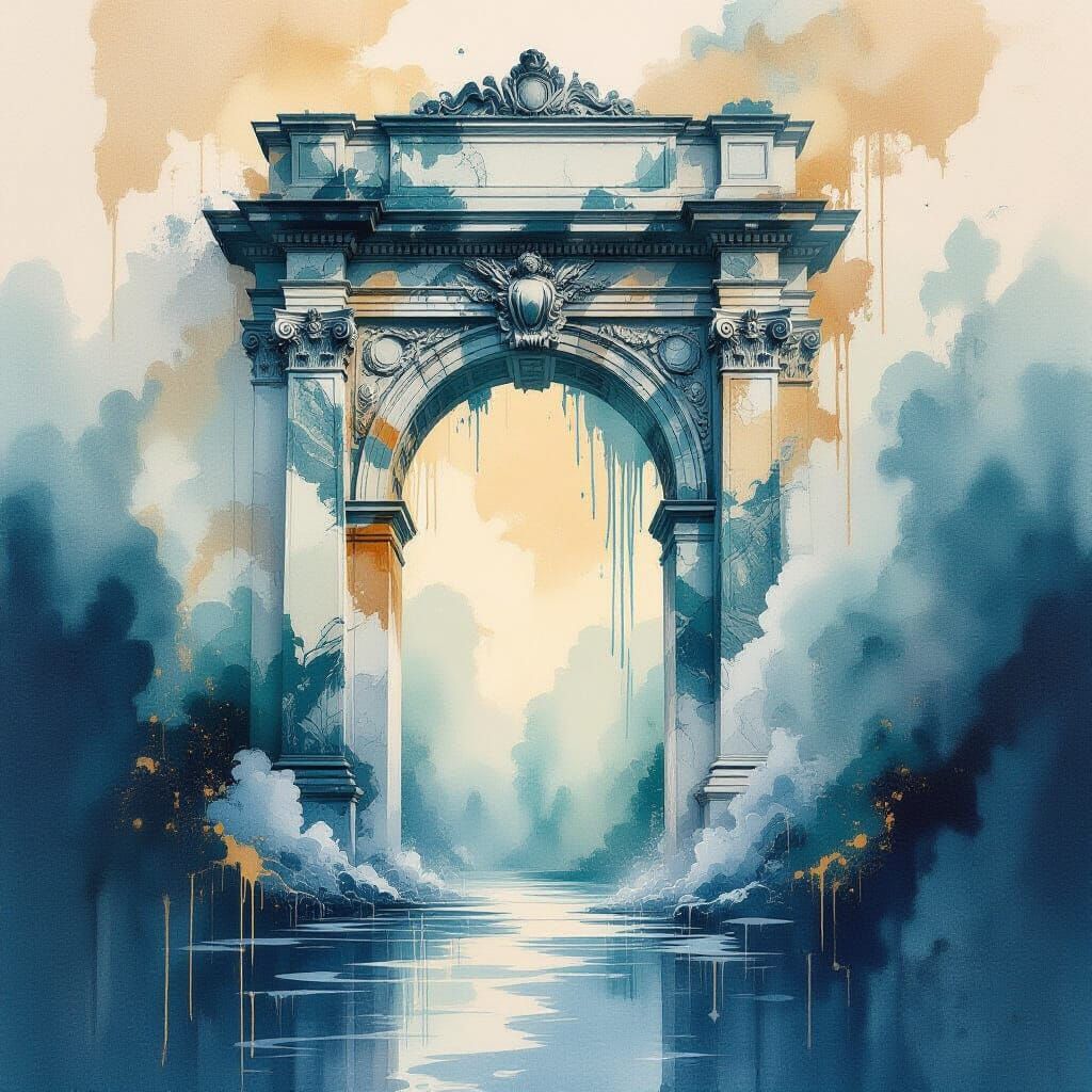 Ethereal Marble Archway Dissolving in Watercolor