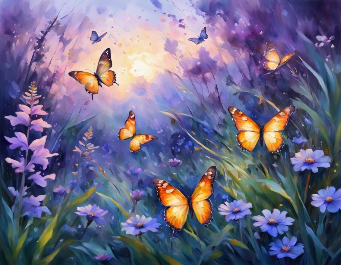 Butterflies aglow at dusk surreal color flora and greenery fireflies and shimmer  by @Sumikokeel